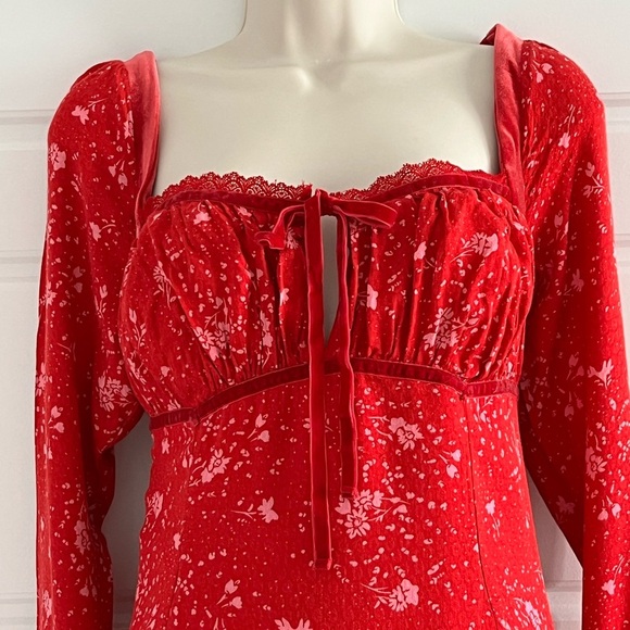 Free People Tess Floral Print Long Sleeve Minidress Velvet M Babydoll Milkmaid - Picture 5 of 15